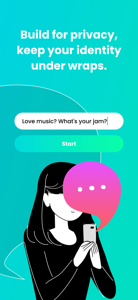 Uma captura de tela do app Heymandi promovendo privacidade e proteção de identidade com um prompt de texto para iniciar uma conversa.