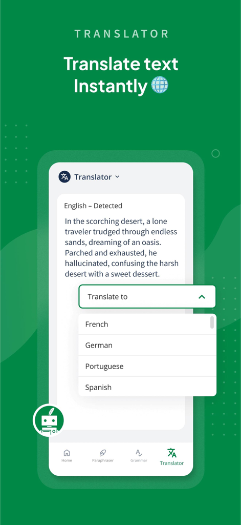 Un écran mobile montrant l'interface du traducteur IA de QuillBot avec un menu pour sélectionner les langues de traduction de texte instantanée