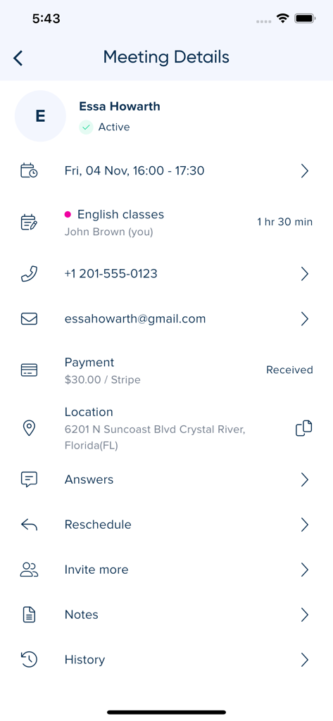 SimplyMeet.me - SimplyMeet.me app screen showing meeting details for an English class including client contact info and Stripe payment status