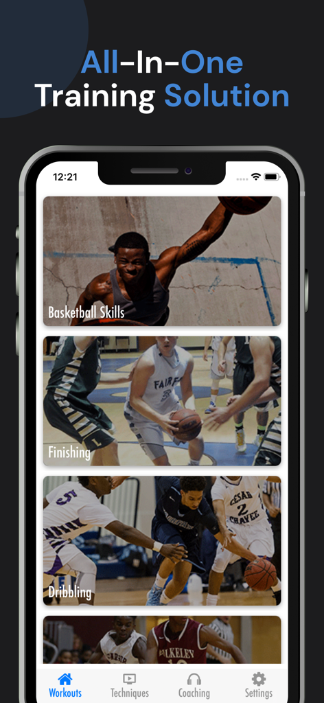 Basketball Training & workouts - Pantalla de smartphone que muestra categorías de aplicaciones de entrenamiento de baloncesto para habilidades de baloncesto como finalización y dribling