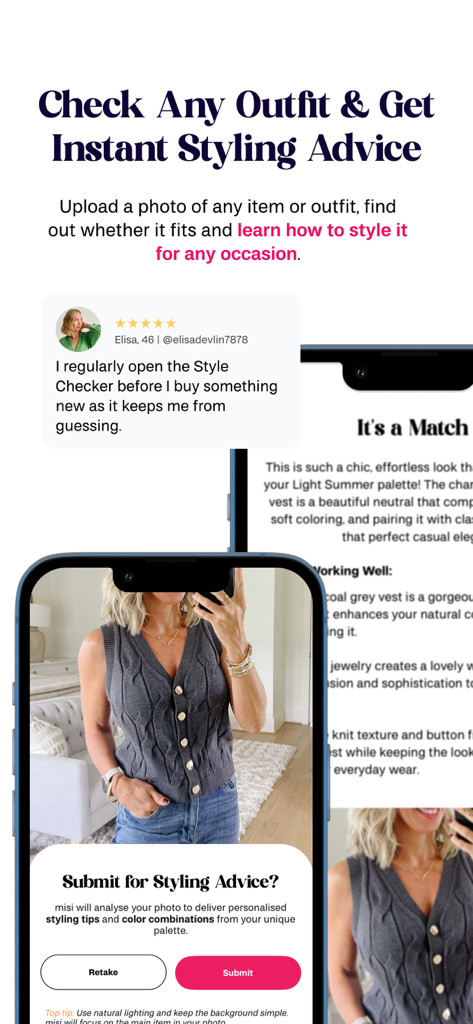 Mobile phone screen showing the misi app Style Checker feature for instant AI outfit feedback