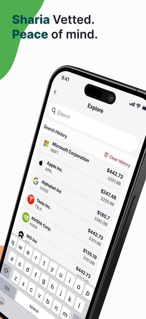 Zad Fintech - Zad Fintech app search screen with Sharia vetted stocks