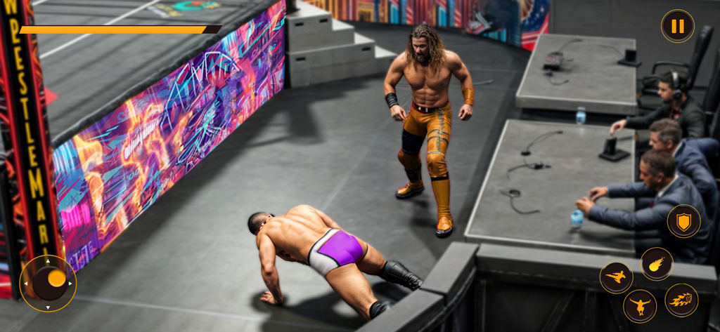 Pro Wrestling Revolution 2025 - Mobile gameplay screenshot of Pro Wrestling Revolution 2025 showing two wrestlers fighting outside the ring near the commentators