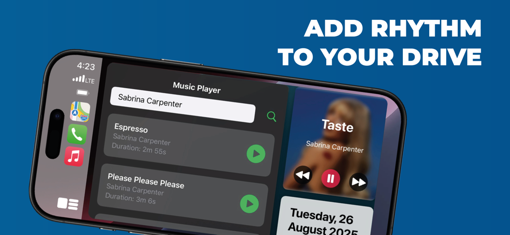 Smart music player interface on the Car Play Connect dashboard featuring song lists and playback controls
