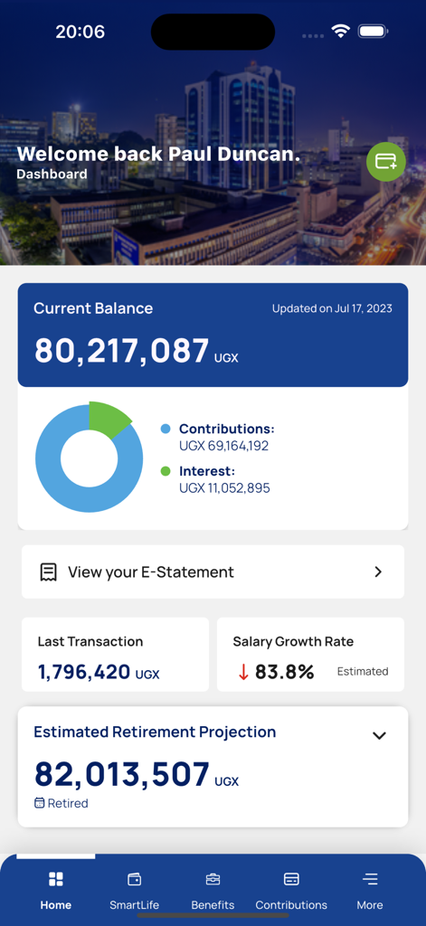 NSSF GO - Dashboard of NSSF GO app showing current retirement savings balance, contributions chart, and future projections.