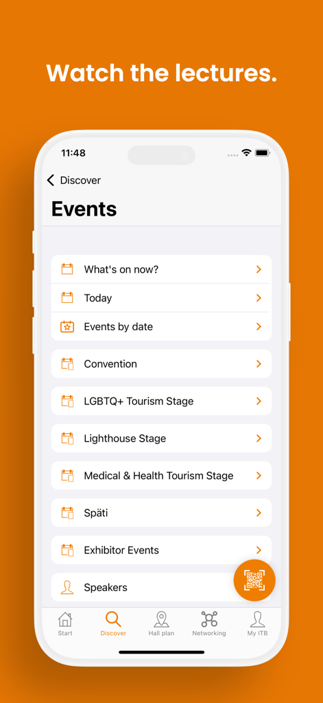 ITB Berlin - ITB Berlin app event menu showing schedules for convention stages and speakers