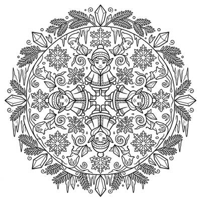 Dive into a magical winter world with this enchanting Snow Elf Mandala coloring page, perfectly designed for young artists. Kids aged 4-8 will love bringing these adorable elven characters and sparkling snowflakes to life with their favorite colors.