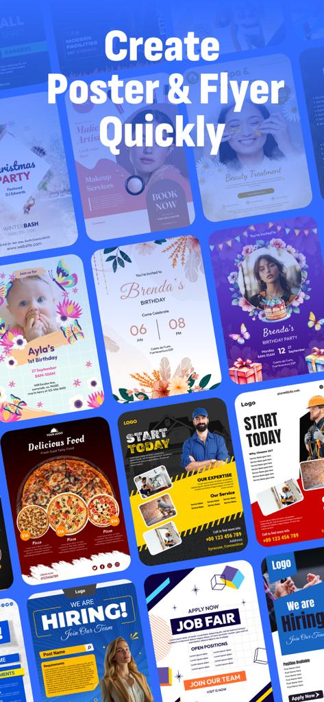 Poster Maker, Flyer Creator - ビジネスフライヤー、イベント招待状、レストランメニュー、求人ポスターなど、さまざまなデザインテンプレートのコレクション。