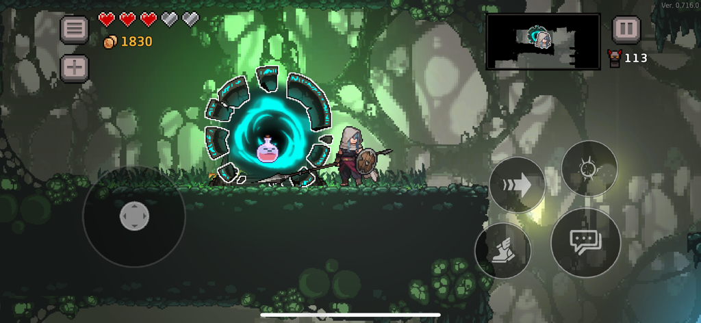 Gameplay of DungeonSlasher featuring a pixel art character with a spear standing near a glowing blue portal.