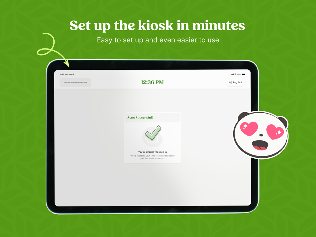 BambooHR Time Kiosk - iPad showing a successful data sync and login message on the BambooHR Time Kiosk app