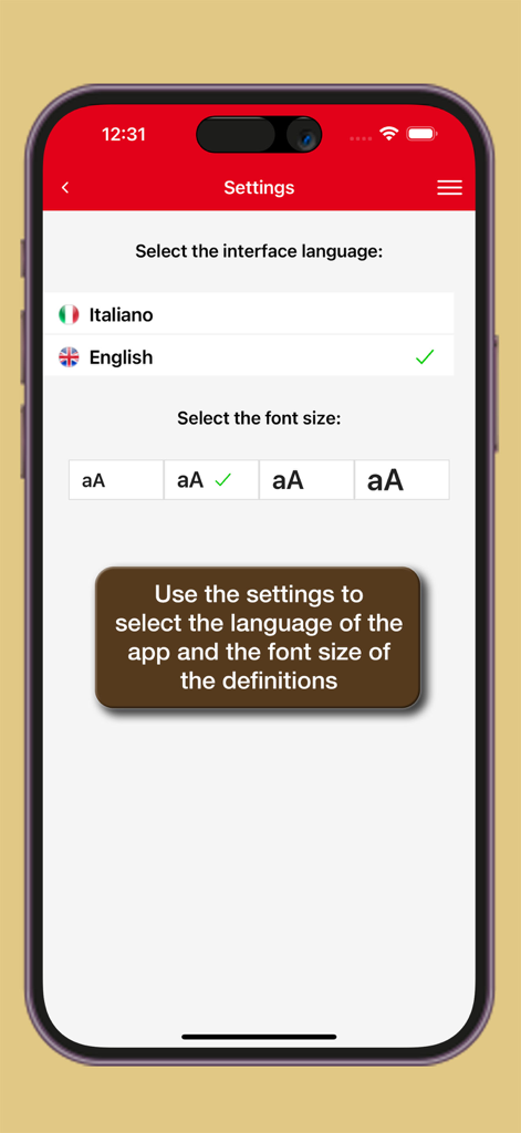 Dizionario di Gastronomia - Pantalla de configuración de la aplicación de diccionario de comida para seleccionar el idioma de la interfaz y el tamaño de fuente