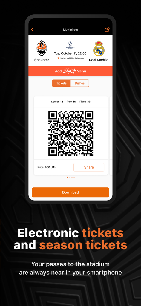 FC Shakhtar - FC Shakhtar app digital match ticket with QR code for Shakhtar versus Real Madrid