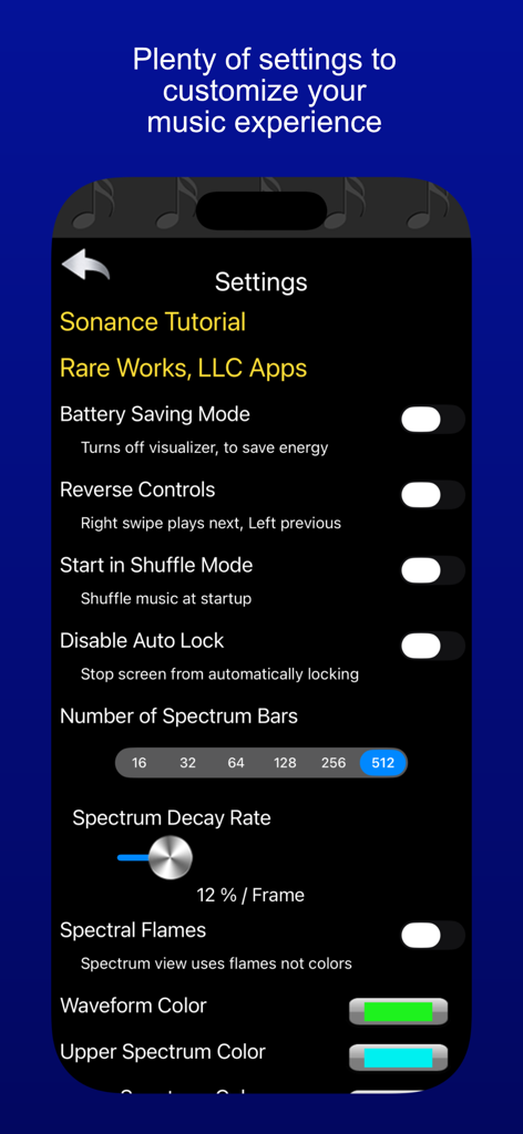 Settings menu of Sonance app showing visualizer and playback customization options