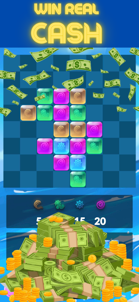 Jewel Match - Win Real Money - Gameplay di Jewel Match con blocchi puzzle colorati e un grande mucchio di premi in denaro
