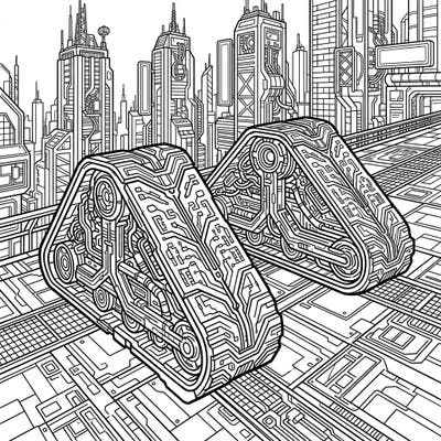 Explore a unique blend of nature and technology with our Cyberpunk Turkey Tracks coloring page. These intricate, futuristic footprints are set against a dazzling high-tech cityscape, offering an unparalleled coloring experience.