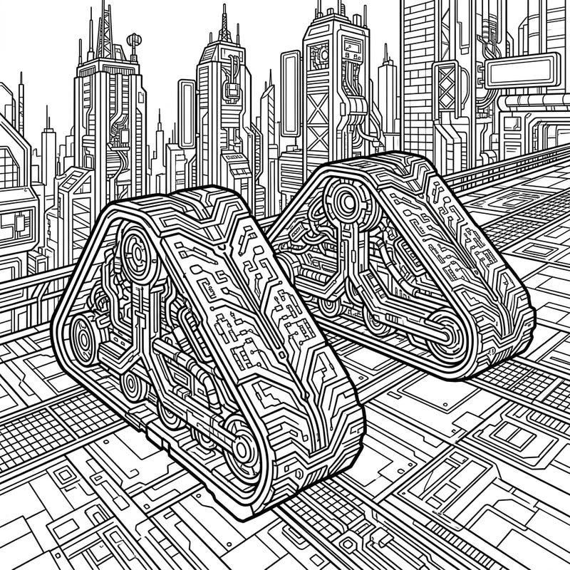 Explore a unique blend of nature and technology with our Cyberpunk Turkey Tracks coloring page. These intricate, futuristic footprints are set against a dazzling high-tech cityscape, offering an unparalleled coloring experience.