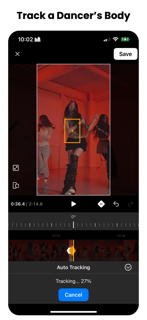 Motion Track: After Effect VFX - ダンサーの体に自動トラッキング機能を示すMotion Trackアプリインターフェース。