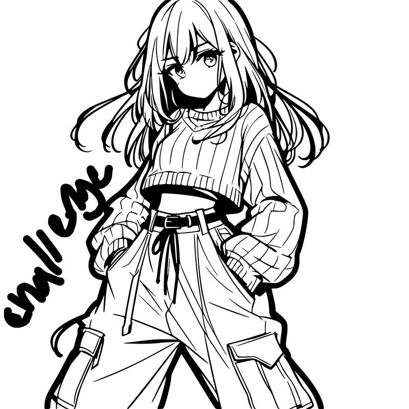 anime teen girl with baggy pants and crop top with sweater