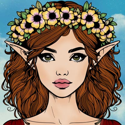 realistic female elf with flower crown