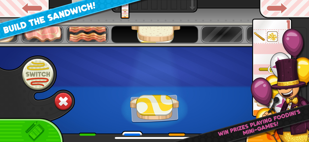 Gameplay di Papa's Cheeseria To Go che mostra la postazione di preparazione dei panini e il banner del mini-gioco Foodini.