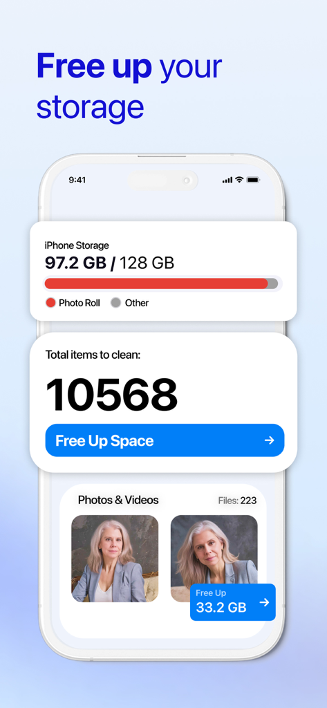 Phone Storage Cleaner: Free up - Interfaz de la aplicación iPhone storage cleaner mostrando la capacidad de almacenamiento y la función de eliminación de fotos duplicadas