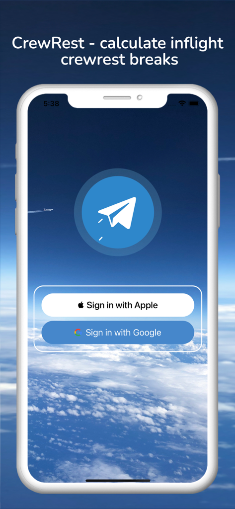 Inflight CrewRest - Inflight CrewRest app login screen featuring sign in options with Apple and Google over an aerial cloud view background