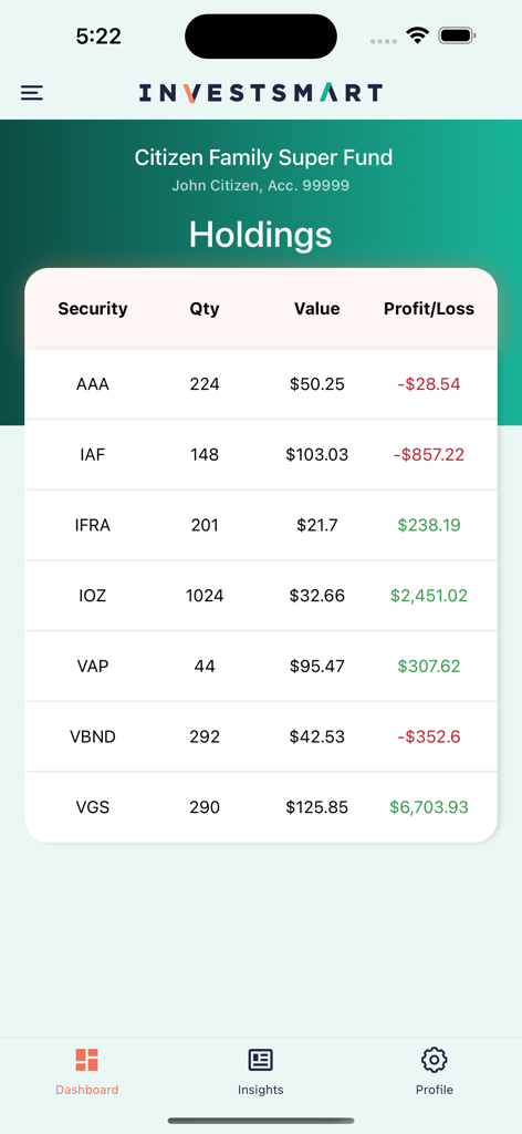 InvestSMART - InvestSMART app dashboard displaying a list of stock holdings with price and profit loss data