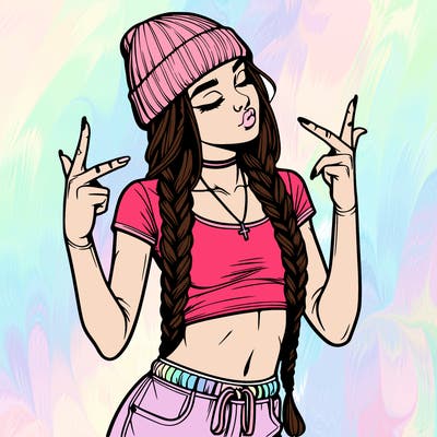 realistic teenage girl with braids and a beanie and crop top doing 🫶🏼