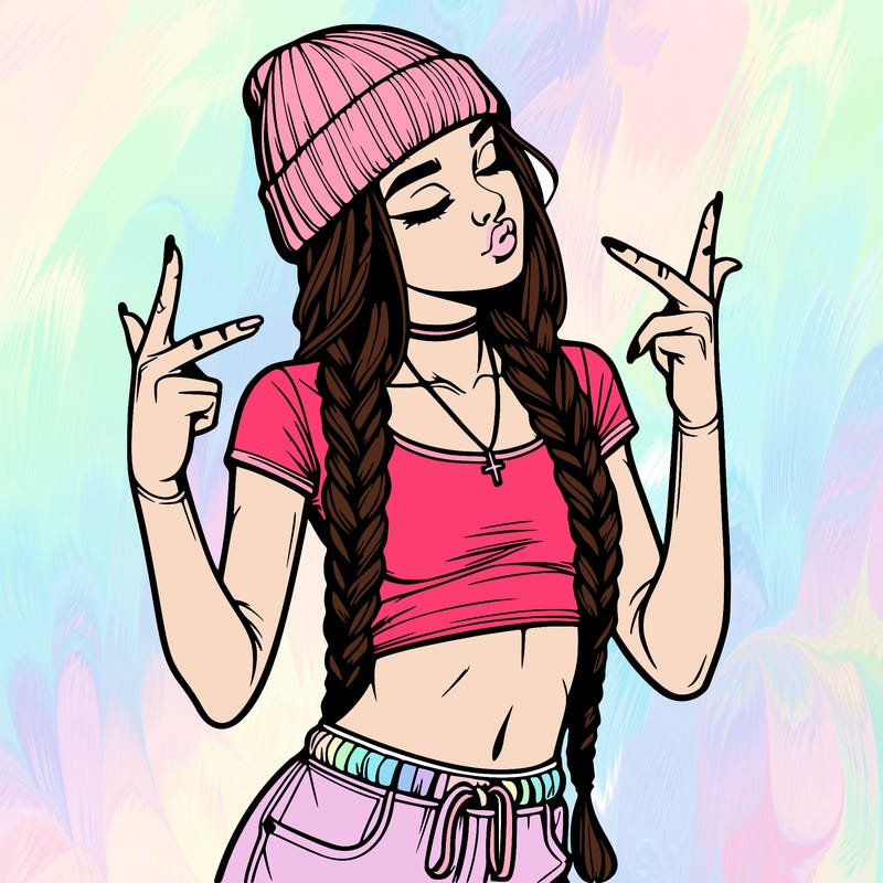 realistic teenage girl with braids and a beanie and crop top doing 🫶🏼