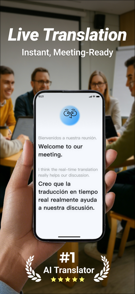 TransGPT - Aplicativo TransGPT realizando tradução de voz bilíngue ao vivo para uma reunião profissional