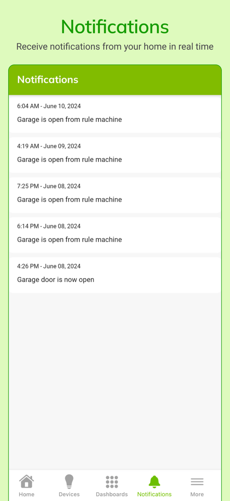 Log delle notifiche in tempo reale nell'app Hubitat Elevation che mostra gli avvisi della smart home