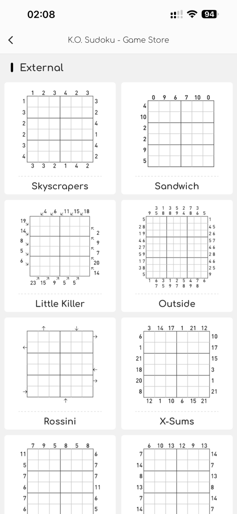 K.O. Sudoku Pro - Game store menu in K.O. Sudoku Pro showing puzzle variants like Skyscrapers and Sandwich