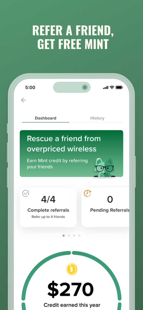 Mint Mobile - Mint Mobile app referral dashboard showing earned credits and referral status