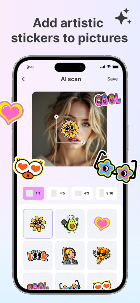 FaceEra – Age & Photo AI - Interface of FaceEra app showing how to add colorful artistic stickers like hearts and sunglasses to a portrait
