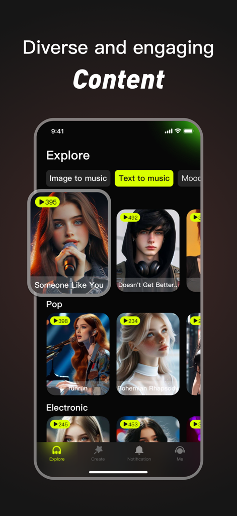 Bora app explore screen showing AI-generated music tracks with categories like Pop and Electronic.