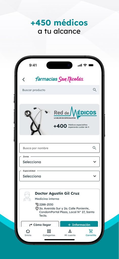 Mobile App-Oberfläche von Farmacias San Nicolas mit einem Verzeichnis spezialisierter Ärzte und Suchfiltern