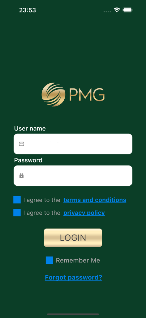 Tela de login do aplicativo PMG Services com um logotipo dourado em um fundo verde escuro com campos para nome de usuário e senha