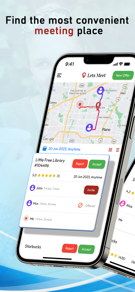 La interfaz de la aplicación Lets Meet que muestra un mapa con ubicaciones de usuarios y una tarjeta de lugar de reunión propuesta con distancias y calificaciones