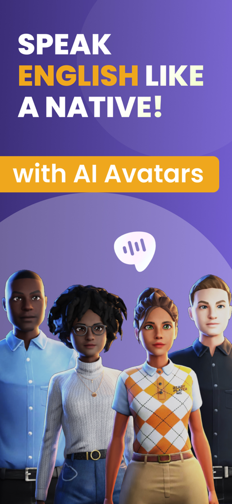 Cuatro avatares de IA diversos para practicar la conversación en inglés en la aplicación BeNative