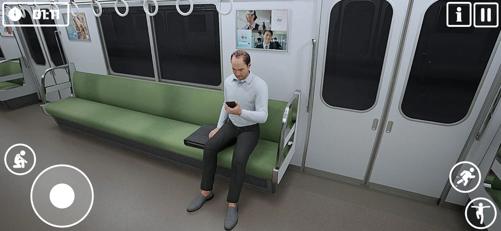 Platform Find Anomalies Game - Capture d'écran du gameplay montrant un homme assis sur un banc vert dans une voiture de train du jeu Platform Mystery