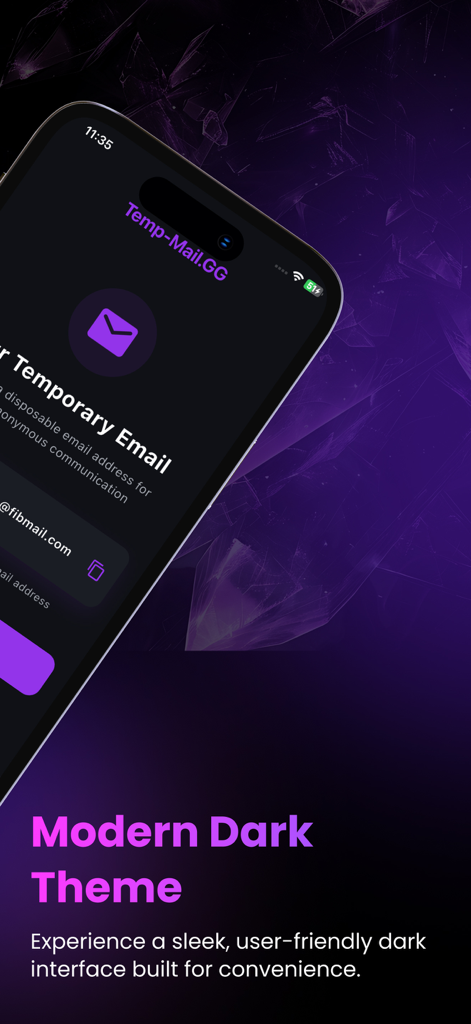 Temp Mail GG app showing a sleek dark mode interface