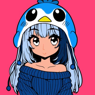 anime girl with chick shaped hat with sweater with bare shoulders with bangs covering them one eye with low tail