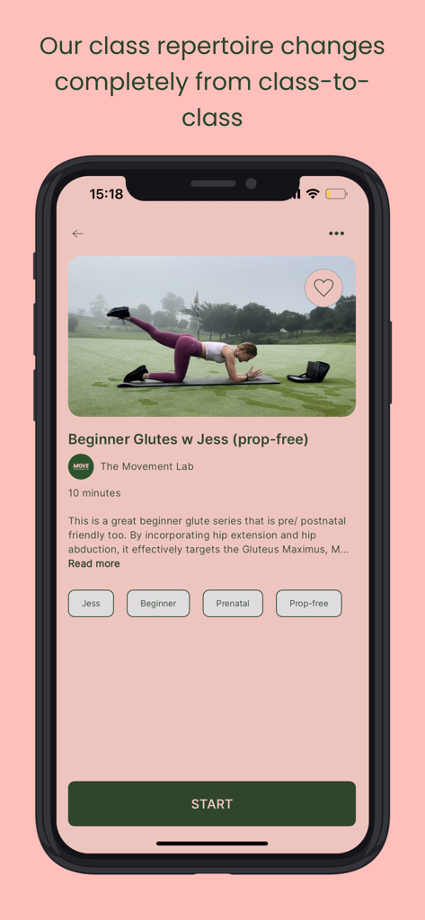 The Movement Lab On-Demand - The Movement Lab app screen showing a beginner glutes workout with instructor Jess