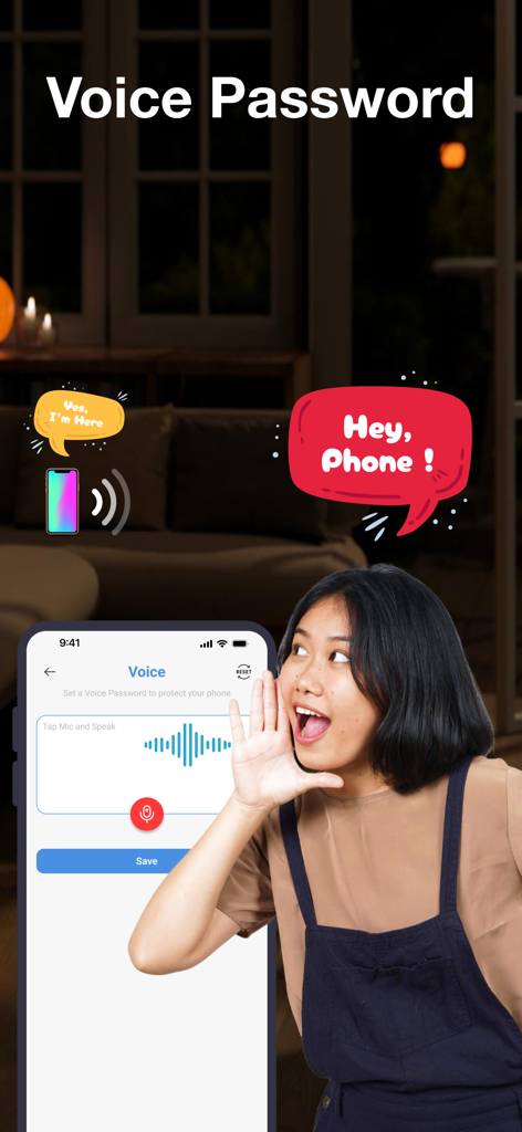 A woman shouting Hey Phone to locate her smartphone using the voice password feature of the app.