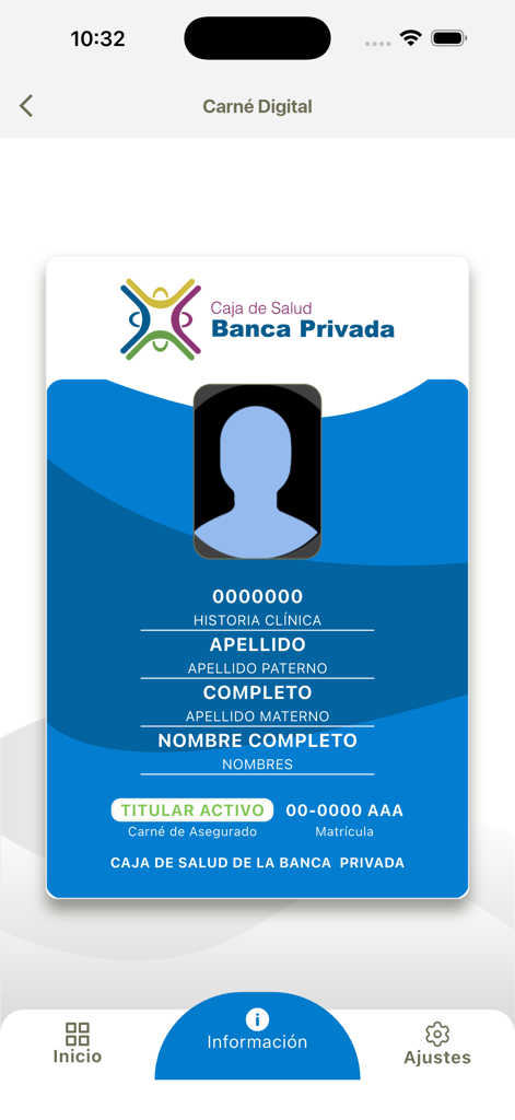 Digital identification card for Caja de Salud de la Banca Privada showing member details and health insurance status.