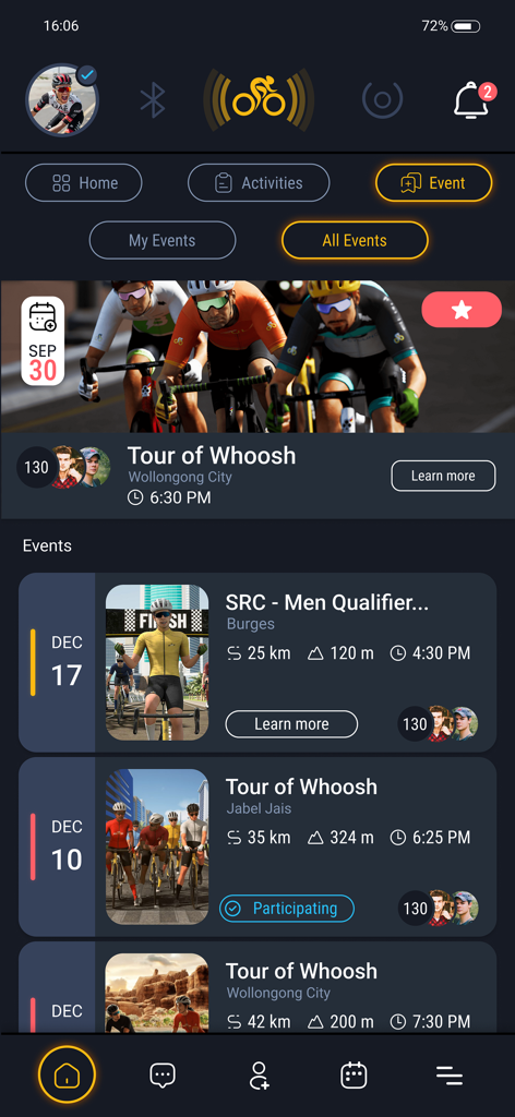 L'application MyWhoosh Link affichant une liste d'événements cyclistes virtuels et de courses à venir avec des détails tels que la distance et le dénivelé.