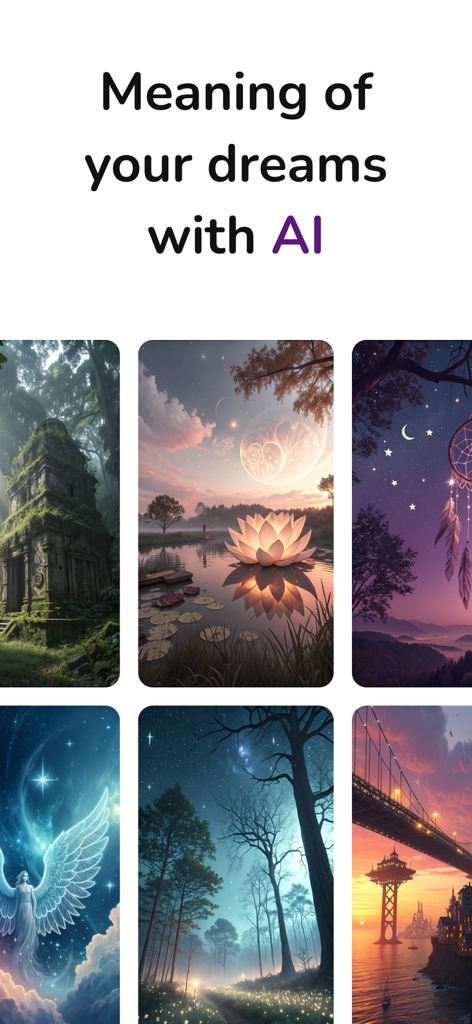 AI Dream Interpretation Diary - App screen showing the text Meaning of your dreams with AI above artistic dream-themed images