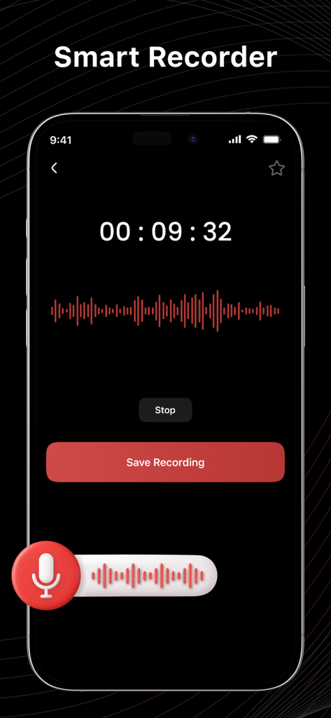 Voice Recorder : Voice Memos - Interfaz de la app Grabadora Inteligente mostrando una grabación de audio activa con un temporizador de forma de onda roja y un botón de guardar