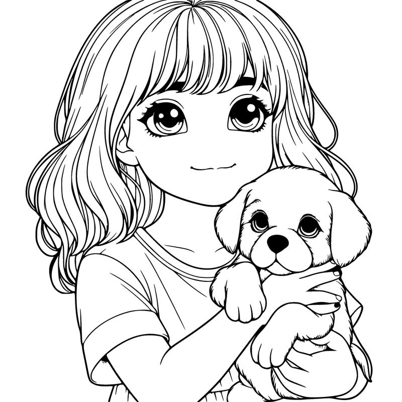 a realistic girl holding a realistic puppy
