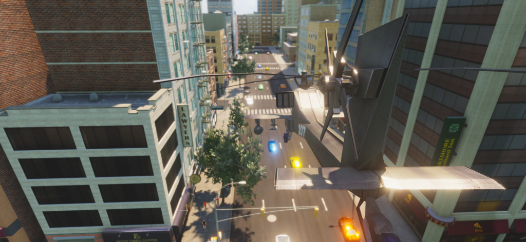 Crime Auto - 크라임 오토에서 도시 거리 위를 비행하는 헬리콥터.